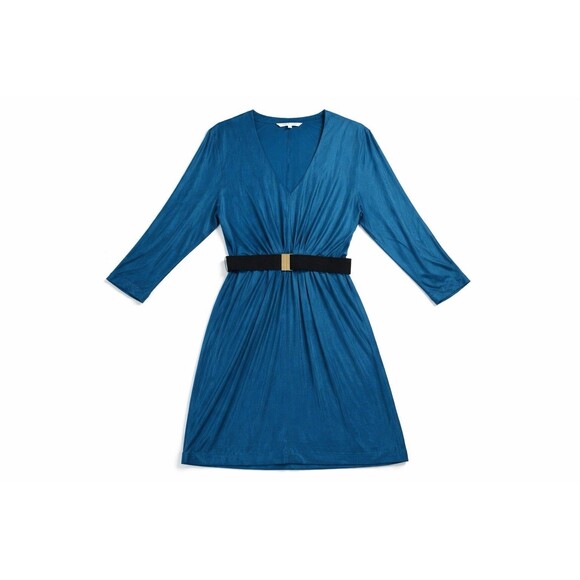 Trina Turk Silk Blend Dress 6 Cobalt Blue Belted V Neck Cocktail Resort USA - Picture 4 of 8
